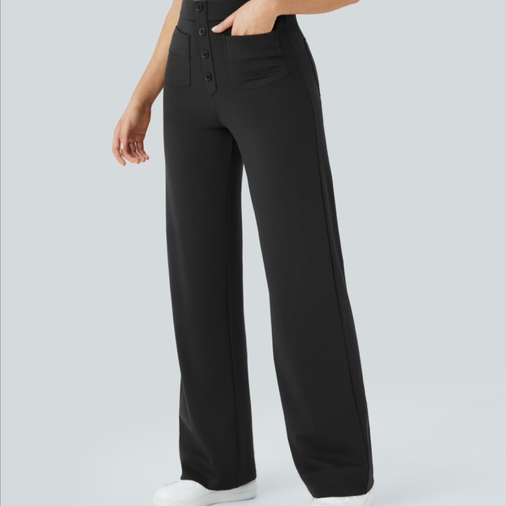 Halara Wide Leg Button-Front Pants in Black - Picture 2 of 6